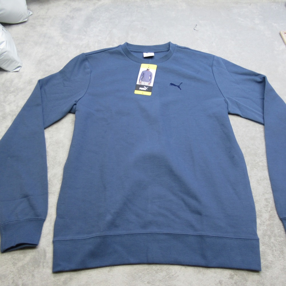 Puma Sweatshirt Mens Small Blue Crew Neck Long Sleeve Stretch Knit Pullover NEW
